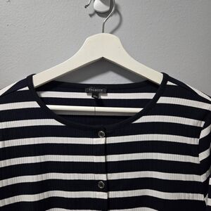 NWT Talbots Ribbed Cardigan Sweater Navy White Stripe Button Front Size Large